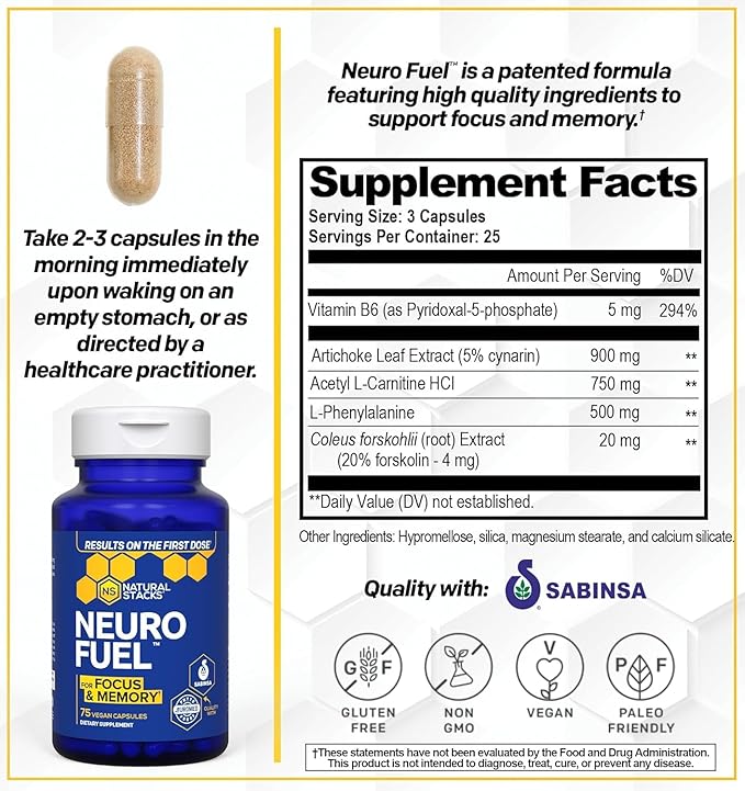 NATURAL STACKS NeuroFuel Nootropic Brain Support Supplement - 750mg L-Carnitine & 500mg L-Phenylalanine - Brain Supplement for Memory and Focus* - 75 Focus Pills