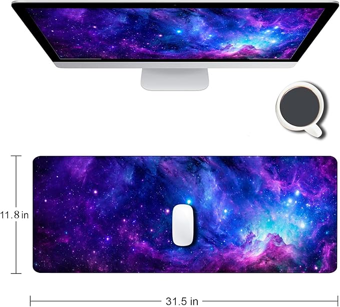 Gaming Large Mouse Pad with Stitched Edges, Purple Galaxy Desk Mat, Extended Keyboard Pad, Non-Slip Rubber Base Desk Pad for Keyboard and Mouse, 31.5X11.8 inch