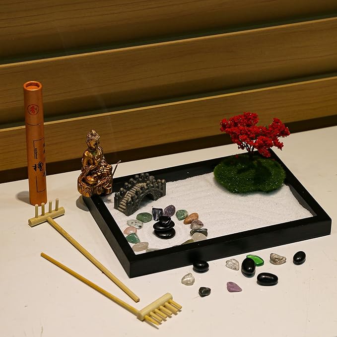 Mini Meditation Zen Garden Kit - Japanese Tabletop Rock Sand Chakra Buddha Garden Home Office Desk Decor Gifts for Father Mother Birthday - Sandbox w/Rake Tool Accessories