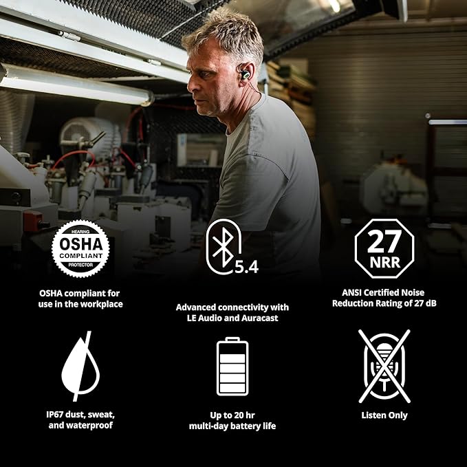 ISOtunes PRO 3.0 Industrial Listen Only Earbuds: Bluetooth 5.4 Earplug Headphones with 27dB Noise Reduction Rating, 20 Hour Battery, 82 dB Volume Limit, OSHA Compliant Hearing Protection