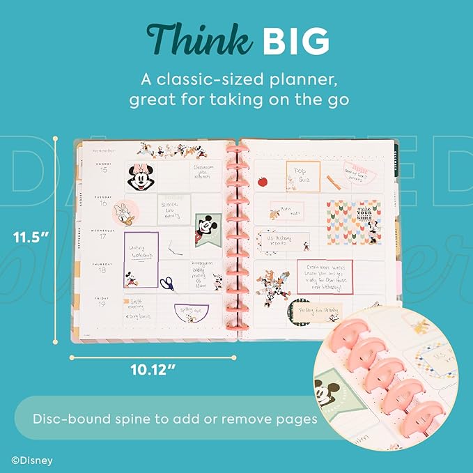 Happy Planner Disney Disc-Bound 12-Month Academic Planner, July 2025–June 2026, 3 Extra Months, 2 Sticker Sheets, Big Size, Teacher Layout, Mickey Mouse & Friends Theme, Current Classroom