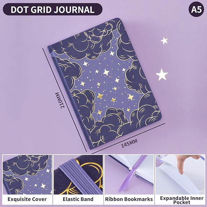 Dot Grid Journal with 160GSM Thick Paper, 192 Pages, A5 Dotted Notebook for Work, School, Travel | 180° Lay Flat, Foil Stamped Cover, Elastic Band, 2 Bookmarks & Inner Pocket (Purple)