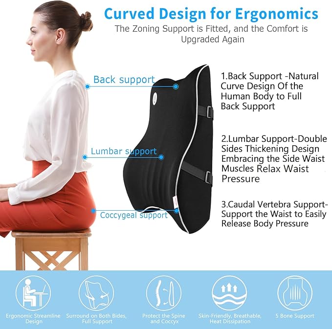 Lumbar Support Pillow,Memory Foam Back Support for Office Chair,Computer Chair,Car Seat,Recliner and Couch with Breathable 3D Mesh Cover,Ergonomic Design Orthopedic Backrest for Back Pain Relief