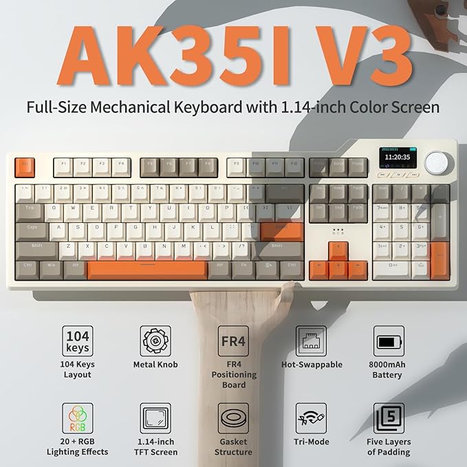 DAIDAI×AJAZZ AK35I V3 Full Size Hot Swap Mechanical Gaming Keyboard with Screen & Knob 2.4G/BT/USB-C Gasket Keyboard FR4 Plate 8000mAh Battery South Facing LED RGB (Avocado Axis)