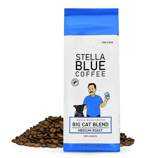 Stella Blue Whole Bean Coffee, Big Cat Blend, Medium Roast, Caramel, Hazelnut and Fruity Notes, 100% Arabica, Ethically Sourced from Central and South America, 12 oz bag