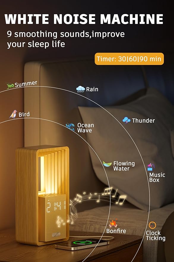 Sunrise Alarm Clock with Wake-Up Light: Dual Alarm Sound Machine with USB Charger, 9 Sleep Sounds, Night Light, Dimmable Display, Auto Timer, Ideal for Light Sleepers, Kids, Bedroom, Travel