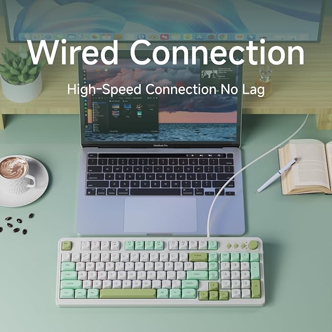 EWEADN G98 RGB Gaming Keyboard Wired, Retro Creamy Membrane Keyboards with Media Knob, Number Pad RGB Backlit, 98 Keys Quite Membrane Computer Keyboard for MAC Xbox PC Gamer- Green