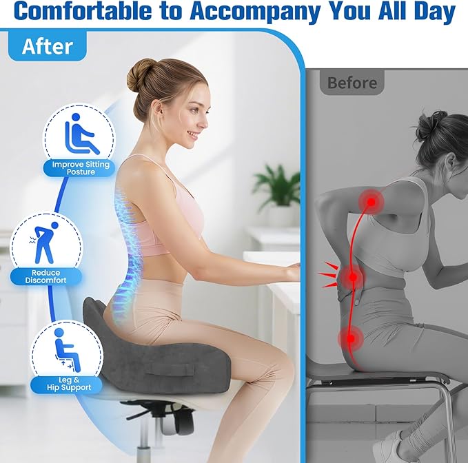 Seat Cushion, Chair Cushions for Office Chairs/Desk Seats/Wheelchair - Hip&Sciatica&Tailbone Pain Relief Memory Foam Office Chair Cushion for Long Sitting Office Workers, Grey