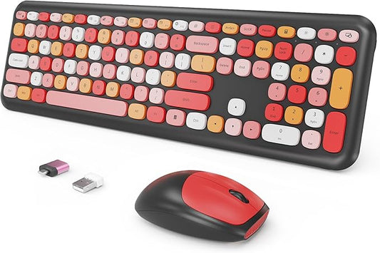 Wireless Keyboard and Mouse Combo, Colorful Ergonomic Full Size Retro Low-Noise Keyboard with Cute keycaps, Compatible with Windows, PC, Perfer for Home and Office Keyboards (Black)