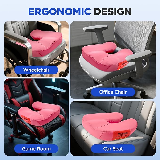 Seat Cushion for Office Chair – Memory Foam Car Seat Cushion for Sciatica, Tailbone, Back & Hemorrhoid Pain Relief U-Shaped Ergonomic High-Density Breathable Foam with Non-Slip Base (Pink)