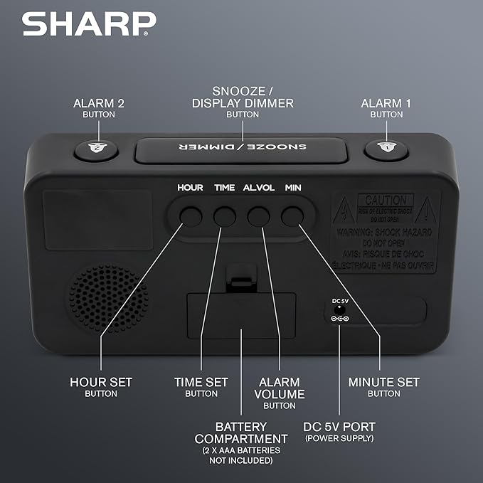 Sharp Digital Alarm Clock with Jumbo Numbers, Easy to See Large Numbers from Across Room with Simple Operation, Battery Back-up, Black Case with Red LED Display