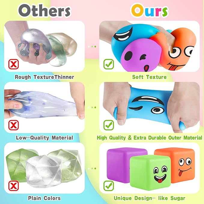 Slow Rising Stress Cube 30 Pack, Square Cube Fidget Ice Cube Stress Balls, Dough Stress Balls Soft Fidget Squishy Toys for Anxiety Relief, Pull Stretch Squishy Toy, Classroom Prize (Smile 4PACK)