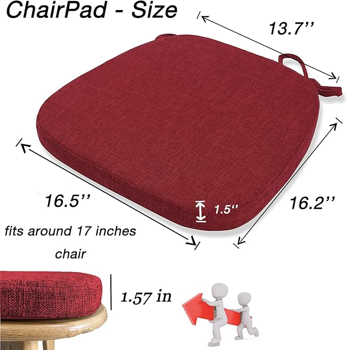 Chair Cushion with Ties for Dining Chairs - Memory Foam Non Slip Kitchen Chair Pad and Dining Seat Cushion with Machine Washable Cover [16.5 x 16.2 Inches] (Red, 1)