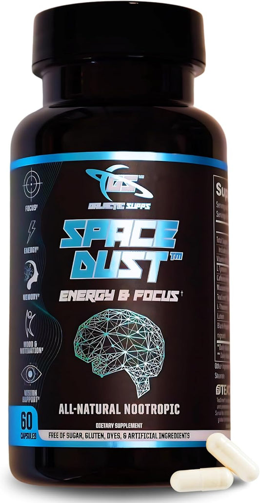 Space Dust Brain Supplement – Focus, Energy & Mood Support – 8-in-1 Nootropic for Brain Fog & Reaction Time – with TeaCrine, L-Theanine, L-Tyrosine, Mucuna – Gamer & Professional Formula