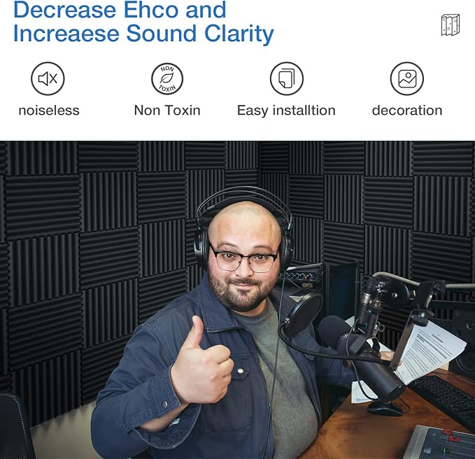 12 Pack Sound Proof Foam Panels for Walls,Self-Adhesive Foam Acoustic Panels Sound Absorbing,High Density Quick-Recovery Soundproof Wall Panels 12" X 12" X 1"-Black and Blue