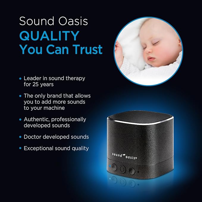 Sound Oasis Baby Sound Machine with Bluetooth - 20 Soothing Sounds, Portable, Includes New Help Booklet and Baby Sound Therapy App for Sleep and Relaxation, Black