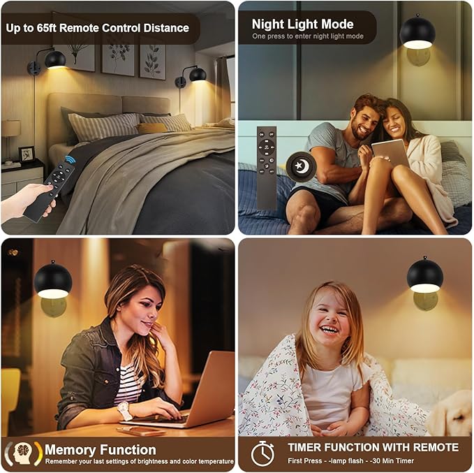 Wall Sconce with Remote Control, Dimmable Plug in Wall Sconces and Adjustable Color Temperature 2700K~6000K, Globe Swing Arm Wall Lights with Plug in Cord(2 Pack, 2 Bulbs)
