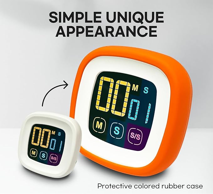 Digital Kitchen Timer, Countdown, Countup, Protective Rubber case, Large Display with Color Bold Digits, Touch Control, Backlit, Magnetic Kickstand, Loud Alarm, Auto Memory (Orange)