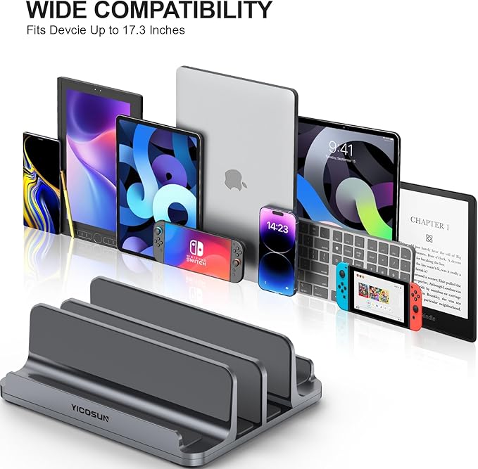 4-Slot Aluminum Vertical Laptop Stand for Desk - Adjustable Width Dock for MacBook, Surface, Samsung, HP, Dell up to 17.3 inches - Space-Saving & Protective Design - Gray