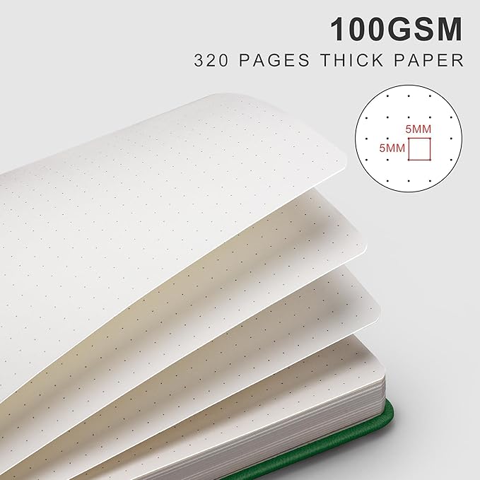EMSHO A5 Hardcover Leather Dotted Journal - 320 Page Dot Grid Notebook for Women & Men, 100GSM Thick Paper, Ideal for Bullet Journaling, Work Notes, Sketching, Diary, School & Travel-Dark green