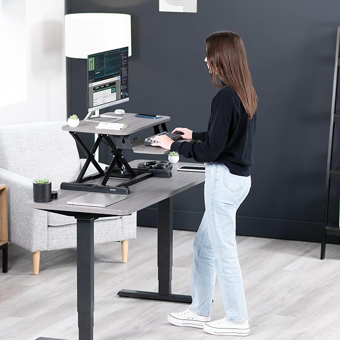 VIVO 26 inch Desk Converter, K Series, Height Adjustable Sit to Stand Riser, Dual Monitor and Laptop Workstation with Keyboard Tray, Gray Top, Black Frame, DESK-V026KG