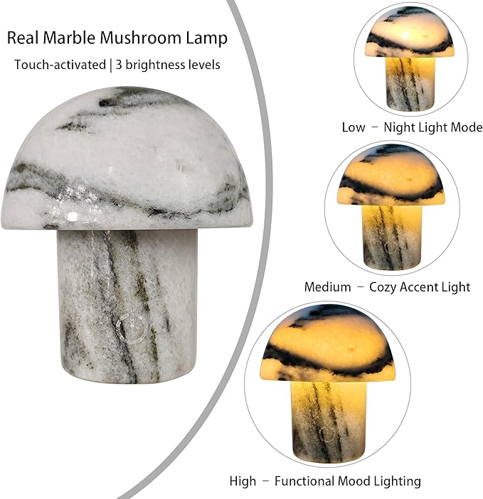 Handcrafted Natural Stone Mushroom Lamp - Rechargeable Bedside LED Night Light with Type-C Port, Unique Marble Table Lamp for Modern Interiors