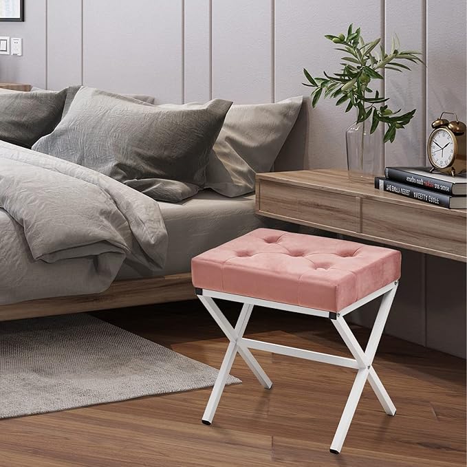 Wimarsbon Ottoman Foot Stool Tufted Vanity Stool Ottomans Thickened Cushion Footstool Mulifunctional Shoe Changing Seat Step Stools with Metal X Leg for Living Room Bedroom Velvet Dusty Pink