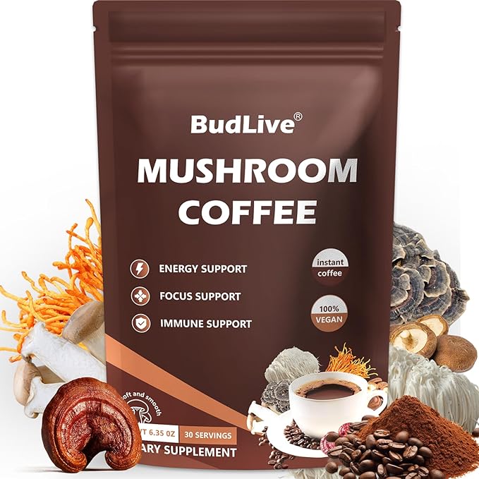 Mushroom Coffee - Instant Coffee Powder with Organic Lion’s Mane, Reishi, Cordyceps, Turkey Tail, King Trumpet & Shiitake, Adaptogenic 6 Mushrooms for Energy, Digestion & Immune Support, 30 Servings