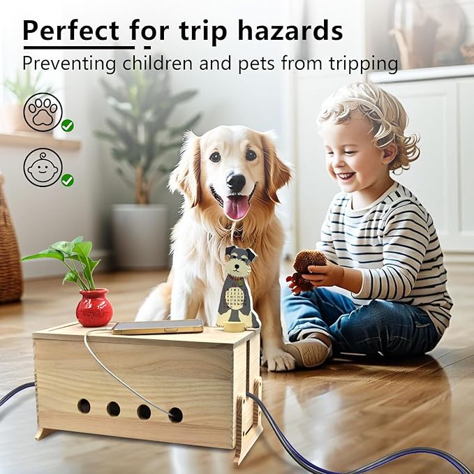 Large Cable Management Box, Wood Cord Hider Box & Organizer for Power Strip Hider Cable Storage for Office, TV Wires, Desk Cord Organizer, 14.2" x 6" x 6.3", Natural, Wood