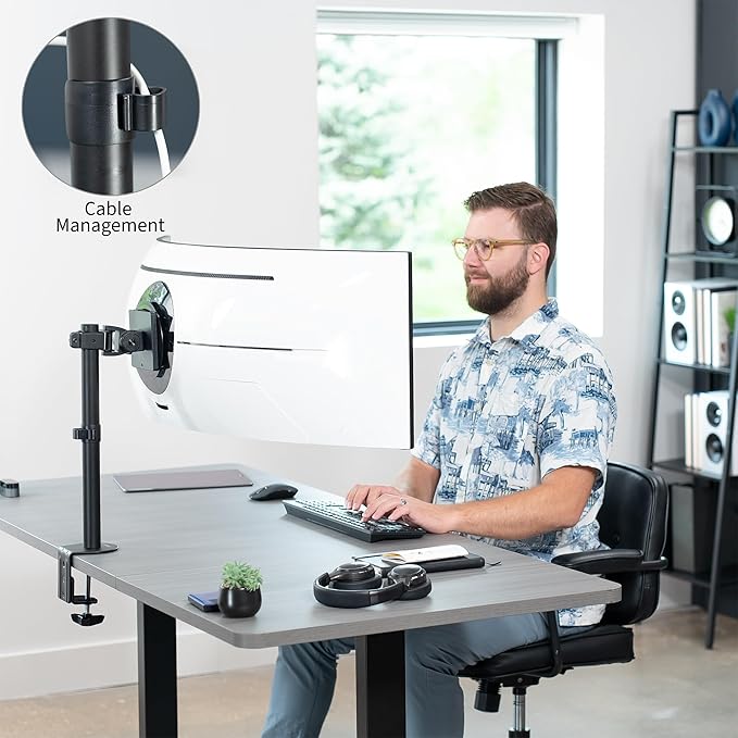 VIVO Clamp-on Single Ultra Wide Monitor Desk Mount, Low Profile Heavy Duty Adjustable Stand for 1 Ultrawide Screen up to 49 inches, 44 lbs Capacity, Black, STAND-V100C