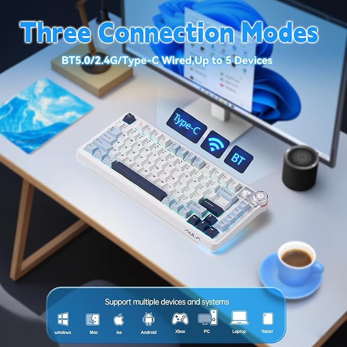 Aula AU75 Mechanical Keyboard,Wireless Gaming Keyboard with Knob,75% Hot Swappable RGB Backlit Custom PBT Keycap for Windows/Mac - Seiya Switch,Blue