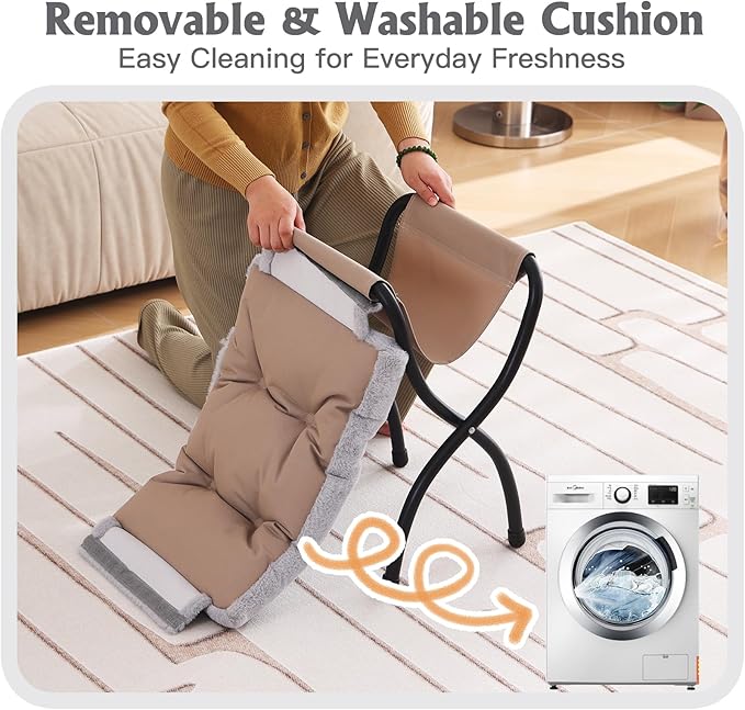 Welnow Folding Foot Stool, Upholstered Small Accent Ottoman with Detachable Thick Cotton Cushion Padded Sofa Stool and Metal Frame for Lazy Chair, Living Room, Bedroom, Plush Grey