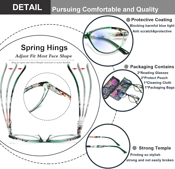 EYEURL Cat Eye Reading Glasses for Women, 2 Pack Blue Light Blocking Readers for Ladies Spring Hinge Fashion Pattern +0.0 Magnification Anti Eyestrain UV Protection