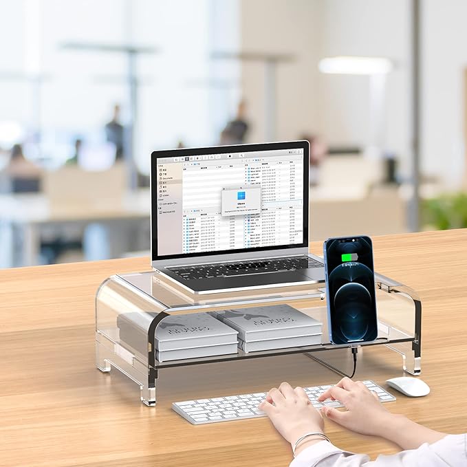 Acrylic Monitor Stand Riser Acrylic Laptop Stand Clear Computer Stand Laptop Riser with Storage Desk Organizer Accessories for Home and Office