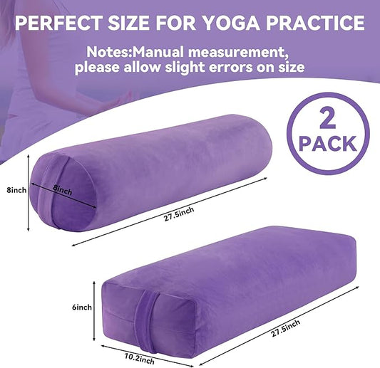 ROYALAY 2 Pcs Yoga Bolster Pillow for Restorative Yoga, Rectangular and Cylinder Meditation Pillow Set with Carrying Handles, Supportive Cushion for Exercise Workout Stretching Meditation,Purple