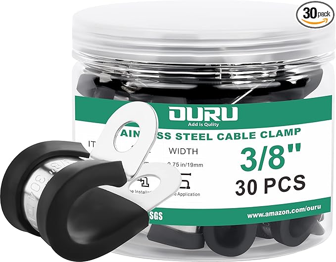 30pcs 3/8 Inch Stainless Steel Cable Clamps,Rubber Coated Cushioned Insulated Cable Clamp,Automotive Cable Wire Clamps,Pipe Clamps,Metal Clamp for Tube,Lines,Wire Cord Installation(Black,10mm)