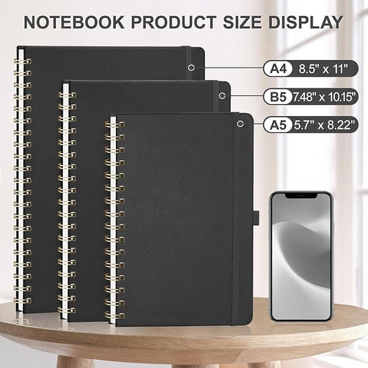 AHGXG Graph Paper Notebook - Spiral Notebook Hardcover Leather Journal 140 Pages, B5 Large Grid Notebook 7.6" x 10", 100 gsm Thick Paper, for School Writing Graphing Engineering Math, Black
