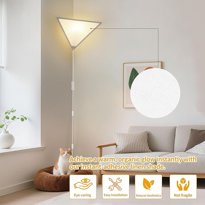 Easy Installation Corner Light with Linen Shade, 2 Pack Corner Lights for Living Room, Space-Saving Plug in Ceiling Light with Switch, Modern Apartment Lighting for Bedroom, Office, Study