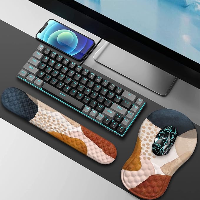 HAOCOO Ergonomic Mouse Pad Wrist Support and Keyboard Wrist Rest, 3 PCS Computer Carpal Tunnel Mouse Pads for Desk with Coaster Set, Memory Foam Mousepad with Non-Slip PU Base for Home Office, Boho