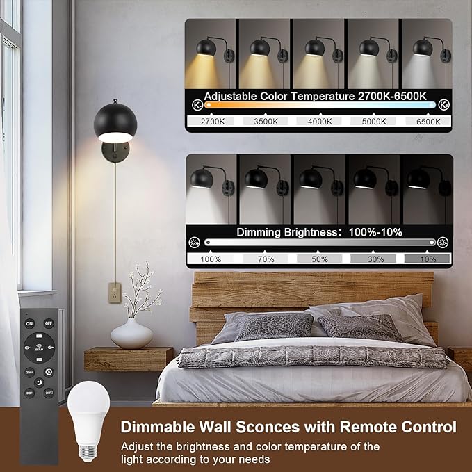 Wall Sconce with Remote Control, Dimmable Plug in Wall Sconces and Adjustable Color Temperature 2700K~6000K, Globe Swing Arm Wall Lights with Plug in Cord(2 Pack, 2 Bulbs)