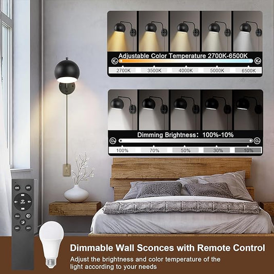 Wall Sconce with Remote Control, Dimmable Plug in Wall Sconces and Adjustable Color Temperature 2700K~6000K, Globe Swing Arm Wall Lights with Plug in Cord(2 Pack, 2 Bulbs)