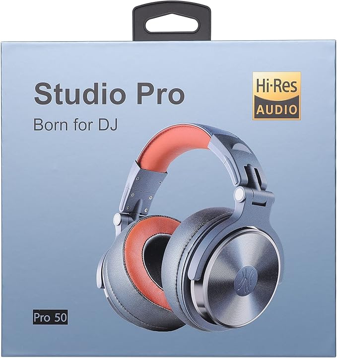 OneOdio Hi-Res Over Ear Headphones for Studio Monitoring and Mixing, Sound Isolation, Protein Leather Earcups, 50mm Driver Unit, Wired Headphones for AMP Guitar Keyboard (Pro-50 Metallic Blue)