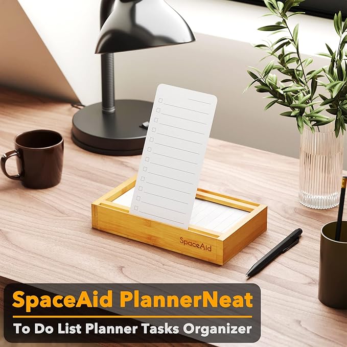 SpaceAid PlannerNeat To Do List Planner, Daily ToDo Checklist Notepad Organizer with Bamboo Holder, Productivity System Planners Notebook for Office Work Supplies (Bamboo, 50 Cards)