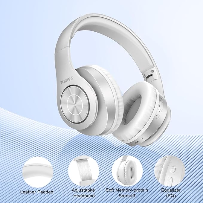 TUINYO Bluetooth Headphones Wireless, Over Ear Stereo Wireless Headset 40H Playtime with deep bass, Soft Memory-Protein Earmuffs, Built-in Mic Wired Mode PC/Cell Phones/TV-White … …