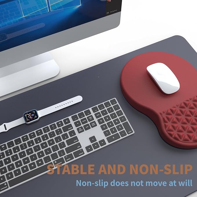 Ergonomic Mouse Pad Wrist Support with Massage Design, Pain Relief Mousepad with Wrist Rest, Memory Foam & Non-Slip PU Base, Red Mouse Pads for Desk, Office & Home