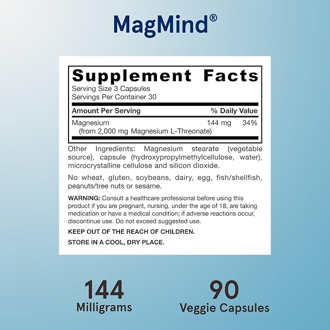 Jarrow Formulas Magnesium L-Threonate, MagMind Brain Supplements for Memory Support, 90 Veggie Capsules, Up to a 30 Day Supply, Pack of 12