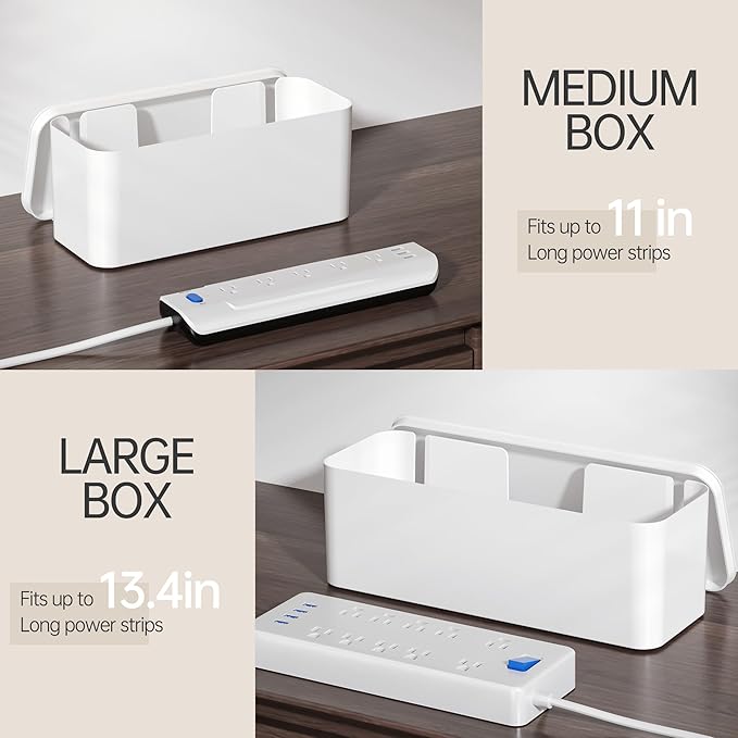 YECAYE 2 Pack Cable Management Box, Pet Friendly Cord Organizer Box for Home & Office, Child-Proof Cable and Power Strip Protector Box, Wire Hider and Cord Organizer for Desk, White