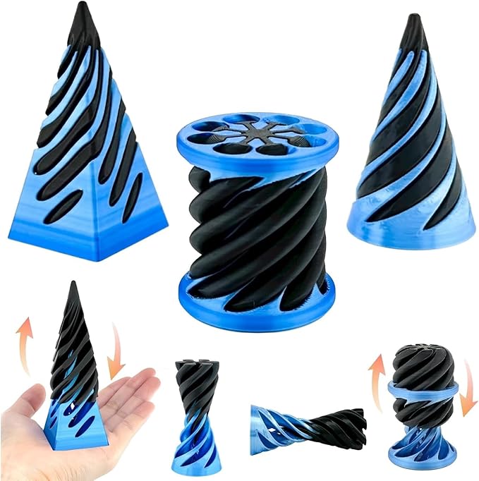 3D Printed Spiral Fidget Toys Impossible Pyramid Passthrough Sculpture Mini Cones Pass Through Pyramid Fidget Toy (Blue Black)
