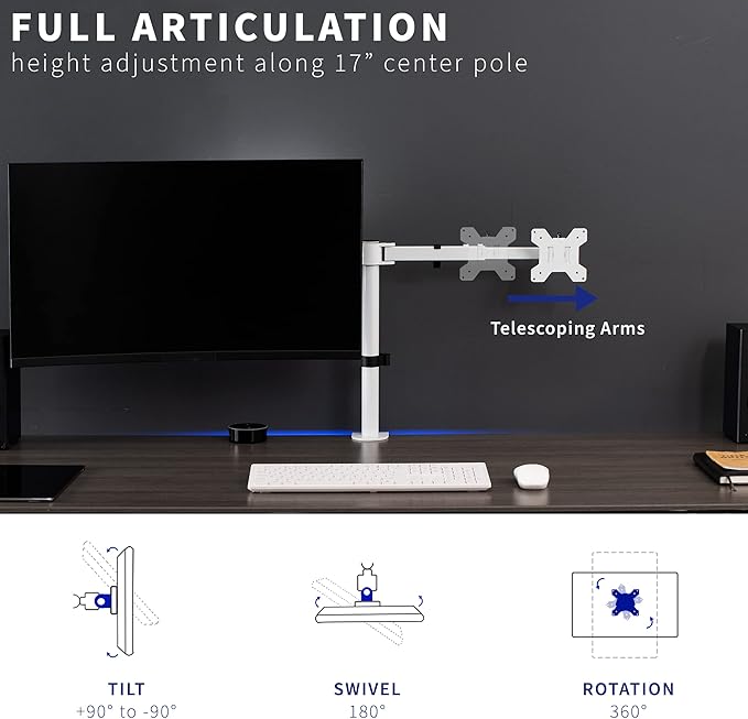VIVO Dual LCD LED 21 to 32 inch Monitor Desk Mount, Heavy Duty, Adjustable Telescoping Arms, Flush Wall Setup, Fits 2 Screens, White, STAND-V002EW