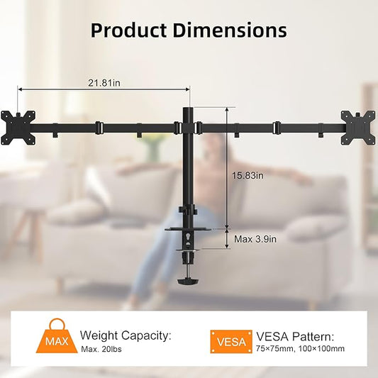 Pholiten Dual Monitor Stand, Heavy Duty Adjustable Monitor Arm Desk Mount for 2 Screens up to 42Inches, Tilt, Swivel, Rotate, Supports Tilt, Swivel, Rotate, Supports 22 lbs per Arm,Black